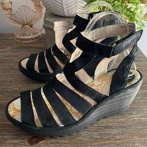 FLY LONDON Yeba Black Suede Ankle Strap Wedges Shoes Womens EU38 US‎ 7.5 - 8